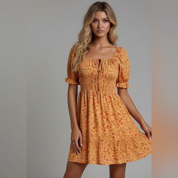 Ditsy Floral Print Knot Front Puff Sleeve Dress - Picture 1 of 6